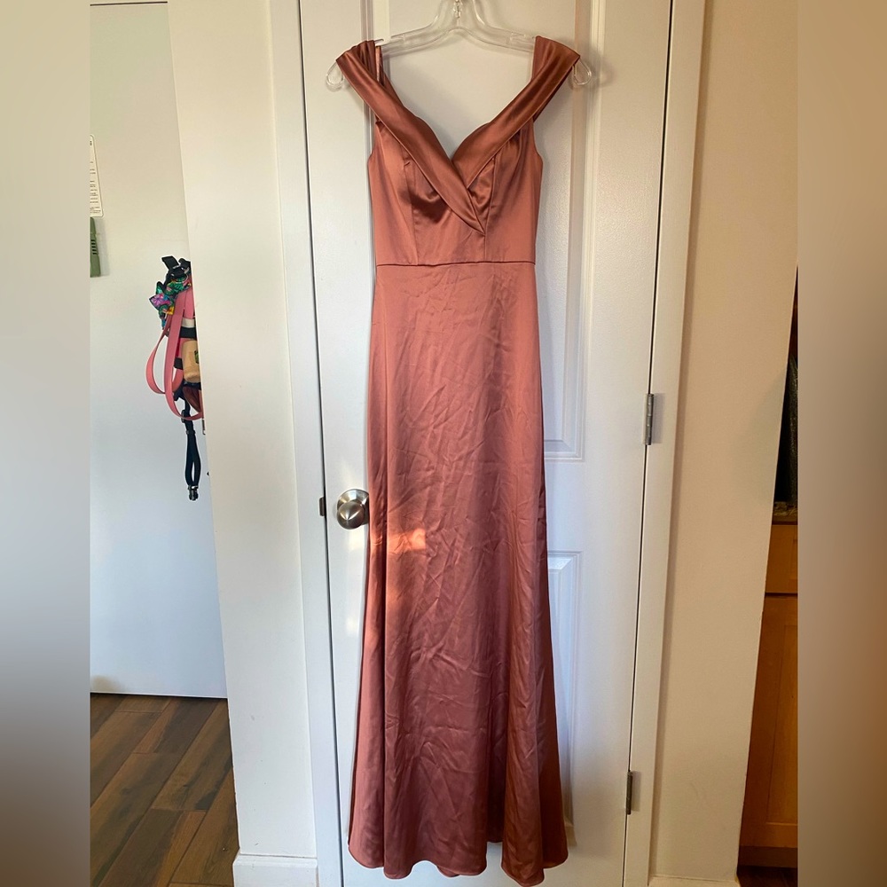 Revelry Bardot Satin cinnamon rose Bridesmaid Dress